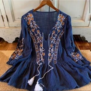 💙Floral embroidered Navy Tassel Tunic